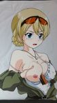  1girl blonde_hair blue_eyes blush breasts collarbone cum cum_on_body cum_on_breasts cum_on_upper_body darjeeling eyewear_on_head girls_und_panzer hasamimushi hetero highres large_breasts nipples one_breast_out open_clothes open_mouth open_shirt paizuri penis shirt simple_background sunglasses swimsuit swimwear tears white_background 