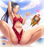  1girl beach blush cameltoe cleavage dragon_quest dragon_quest_xi happy heart-shaped_pupils martina_(dq11) navel navel_cutout nosebleed old_man one_eye_closed ponytail sky spread_legs squatting swimsuit 