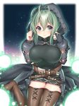  ahoge artist_name belt blush boots breasts cloak commentary_request dated eyebrows_visible_through_hair green_eyes green_hair hattori_masaki hood large_breasts looking_at_viewer maaya_(sennen_sensou_aigis) sennen_sensou_aigis sitting smile solo thigh_boots thighhighs thighs wariza 