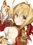 ahoge blonde_hair breasts cleavage commentary_request eating epaulettes fate/extra fate_(series) food from_above green_eyes kakao_rantan looking_at_viewer looking_up medium_breasts nero_claudius_(fate) nero_claudius_(fate)_(all) pizza simple_background slice_of_pizza solo 