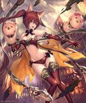  bangs breasts cerberus_(shingeki_no_bahamut) collarbone elbow_gloves eyebrows_visible_through_hair feet_out_of_frame gloves hair_between_eyes highres hips large_breasts long_hair looking_at_viewer navel official_art open_mouth red_hair red_legwear shingeki_no_bahamut sidelocks solo stomach tachikawa_mushimaro teeth thighhighs twintails very_long_hair 