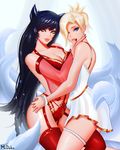  ahri animal_ears bare_shoulders black_hair blue_eyes breasts cleavage collarbone cowboy_shot crossover detached_sleeves dress facial_mark fingernails fox_ears fox_girl fox_tail hair_over_one_eye hand_on_another's_thigh high_ponytail highres korean_clothes league_of_legends lips long_hair looking_at_viewer mcdobo medium_breasts mercy_(overwatch) multiple_girls multiple_tails no_wings overwatch red_legwear see-through slit_pupils tail take_your_pick thighhighs very_long_hair whisker_markings white_dress white_legwear yellow_eyes yuri 