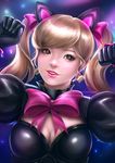  alternate_costume animal_ears black_cat_d.va black_dress black_gloves blonde_hair blue_background bow bowtie breasts brown_eyes cat_ears cleavage d.va_(overwatch) dress earrings eyelashes gloves hair_bow heart heart_earrings jewelry lolita_fashion looking_at_viewer medium_breasts nindei overwatch parted_lips pink_bow pink_lips puffy_short_sleeves puffy_sleeves short_sleeves smile solo twintails upper_body watermark web_address 