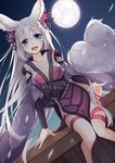  animal_ears blue_eyes breasts cleavage detached_sleeves dutch_angle erune fox_ears fox_tail full_moon granblue_fantasy hair_ornament highres large_breasts long_hair looking_at_viewer moon night night_sky open_mouth oruto_(ort+) side_slit silver_hair sitting sky slit_pupils socie_(granblue_fantasy) solo star_(sky) starry_sky tail thigh_strap 