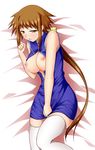  blush breasts brown_eyes brown_hair dieci_(nanoha) dress highres large_breasts long_hair lyrical_nanoha mahou_shoujo_lyrical_nanoha_strikers nipples numbers_(nanoha) open_clothes ponytail sakura_yuu solo thighhighs very_long_hair zettai_ryouiki 