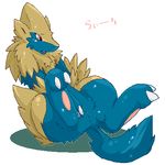  anus blue_fur blush claws female fur hindpaw lying manectric nintendo on_back paws plain_background pok&#233;mon pokemon presenting pussy red_eyes solo spread_legs spreading unknown_artist video_games white_background yellow_fur 