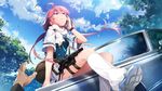  car clouds front_wing game_cg grisaia:_phantom_trigger ikoma_murasaki long_hair pink_hair purple_eyes scarf seifuku skirt sky watanabe_akio 