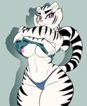  2018 blush breasts clothing fabianoferreira feline female fur looking_at_viewer mammal nipples panties penny_(blazethefox) pink_nose purple_eyes shirt_up solo stripes thick_thighs tiger underwear undressing voluptuous white_fur wide_hips 