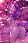  2018 alternate_species anthro areola bat_pony bat_wings bedroom_eyes blue_eyes blush breasts butt equine eyelashes eyeshadow female friendship_is_magic grin hair half-closed_eyes horn hot_spring looking_at_viewer looking_back lumineko makeup mammal mascara membranous_wings moon my_little_pony night nude outside pinup portrait pose purple_hair rarity_(mlp) rock seductive side_boob signature slit_pupils smile snow snowing solo standing steam teeth thick_thighs three-quarter_portrait tree water winged_unicorn wings winter 