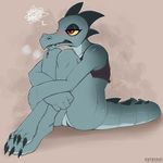  2018 4_toes alligator anthro bea_(nitw) blush bottomless cigarette claws clothed clothing conditional_dnp crocodilian female hi_res night_in_the_woods pussy red_eyes reptile scalie scappo smoking solo toe_claws toes yellow_sclera 