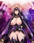  bar_censor bare_shoulders black_dress black_hair bottomless breasts censored detached_sleeves dress fate/apocrypha fate/grand_order fate_(series) fur_trim highres large_breasts long_dress long_hair looking_down nipples pointy_ears pussy semiramis_(fate) solo spikes sukumo_(kemutai) thighhighs topless very_long_hair yellow_eyes 