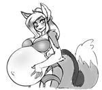  2018 absurd_res anthro autumn_(dansharkman) belly big_belly black_and_white bra breasts canine clothed clothing eyelashes female fluffy fluffy_tail fox fur hair hand_on_stomach hi_res long_hair mammal marrazan monochrome multicolored_fur navel outie_navel pointy_ears pregnant simple_background smile solo two_tone_fur underwear white_background 