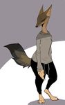  anthro black_nose canine claws clothed clothing digitigrade female half-closed_eyes inner_ear_fluff jackal looking_at_viewer mammal nobby_(artist) red_eyes solo standing sweatpants toe_claws 