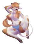  anthro areola big_breasts blonde_hair bovine breasts cattle clothing female fur hair hi_res hooves horn mammal multicolored_fur nipples shazzi shorts smile solo tongue tongue_out two_tone_fur 