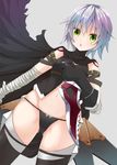  arm_belt bandaged_arm bandages belt_buckle black_panties buckle dagger dual_wielding facial_scar fate/apocrypha fate/grand_order fate_(series) gloves grey_background holding holding_knife jack_the_ripper_(fate/apocrypha) knife lowleg lowleg_panties open_mouth panties reverse_grip scar scar_across_eye scar_on_cheek shoulder_tattoo silver_hair simple_background single_glove solo tattoo tetranono underwear weapon 