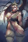  adapted_costume arms_behind_back black_eyes black_hair breasts cutesexyrobutts high_ponytail highres hips ibuki_(street_fighter) large_breasts leaf light_smile long_hair looking_at_viewer ninja revealing_clothes rope signature solo street_fighter street_fighter_iii_(series) thick_thighs thighs toned wide_hips 