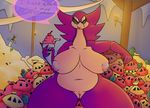  2018 anthro belly biped bone bottle breasts butt_from_front capcom cave chameleos dessert dialogue digital_media_(artwork) elder_dragon english_text female fire food front_view ice_cream iguanasarecool looking_at_viewer medicine melee_weapon monster_hunter navel nipples overweight overweight_female purple_skin pussy scalie slightly_chubby solo speech_bubble sword text thick_thighs torch treasure video_games voluptuous weapon wide_hips 