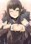  ;d bangs black_dress blush breasts breasts_outside brown_hair commentary_request detached_sleeves dress eyebrows_visible_through_hair fang fate/apocrypha fate/grand_order fate_(series) fur_trim hair_between_eyes heart-shaped_boob_challenge long_hair long_sleeves looking_at_viewer medium_breasts nipples one_eye_closed open_mouth pointy_ears sasakura semiramis_(fate) smile solo spikes very_long_hair yellow_eyes 