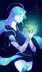  ahoge alexandrite_(houseki_no_kuni) amputee androgynous aqua_eyes aqua_hair blue_eyes blue_hair broken crack cupping_hands dohiso gem gem_uniform_(houseki_no_kuni) glowing highres houseki_no_kuni long_hair missing_limb necktie severed_arm severed_limb shards shorts solo 