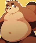  2018 96k-k 96tning anthro belly big_belly brown_fur canine deep_navel fur kemono male mammal moobs navel overweight overweight_male simple_background solo tanuki yellow_background 