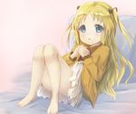  bare_legs barefoot bed_sheet black_shirt blonde_hair blue_eyes blush bow brown_bow charlotte_izoard collarbone commentary convenient_leg hair_bow high-waist_skirt highres hikari_niji jacket long_hair looking_at_viewer own_hands_together parted_lips red_neckwear ryuuou_no_oshigoto! shirt sitting skirt solo two_side_up upper_teeth very_long_hair white_skirt yellow_jacket 