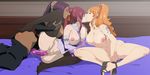  3girls bikini_top bleach breasts crossover dark_skin erza_scarlet fairy_tail feet fingering kiss legwear lexus_(artist) multiple_girls nami_(one_piece) nipples one_piece orange_hair purple_hair pussy_juice red_hair shaved_pussy shihouin_yoruichi smile strap-on tattoo thighhighs yuri 