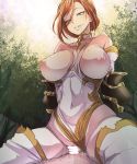  absurdres apollonia_vaar armor bakuya bangs bar_censor bare_shoulders black_armor blue_eyes branch breasts breasts_outside brown_hair censored commentary_request cowgirl_position girl_on_top granblue_fantasy hair_between_eyes hetero highres large_breasts leaf leotard licking_lips navel nipples outdoors penis pussy saliva sex short_hair solo straddling sweat thighhighs tongue tongue_out tree vaginal 