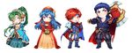  2girls armads axe blue_eyes blue_hair cape chibi dress eliwood_(fire_emblem) father_and_daughter fire_emblem fire_emblem:_fuuin_no_tsurugi fire_emblem:_rekka_no_ken fire_emblem_heroes green_eyes green_hair hat headband hector_(fire_emblem) highres jewelry lilina long_hair looking_at_viewer lyndis_(fire_emblem) mother_and_daughter multiple_boys multiple_girls open_mouth ponytail protected_link red_hair roy_(fire_emblem) short_hair smile weapon winter_clothes zuizi 