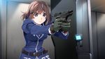  arisaka_shiori brown_hair front_wing game_cg gloves grisaia:_phantom_trigger gun purple_eyes seifuku short_hair watanabe_akio weapon 