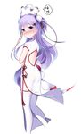  alicorn animal ass azur_lane blush china_dress chinese_clothes closed_mouth double_bun dress from_behind linhe_de_chuangzi long_hair looking_at_viewer looking_back purple_eyes purple_hair simple_background smile solo thighhighs unicorn_(azur_lane) white_background white_legwear 