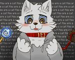  2018 4_fingers anthro black_nose blush cat claws clothed clothing collar digital_drawing_(artwork) digital_media_(artwork) disembodied_hand duo english_text feline fur grey_fur hypnosis magic male mammal matatabi88 mind_control open_mouth red_collar simple_background smile solo_focus spiral spiral_eyes text 