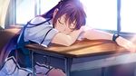  braids front_wing fukami_reina game_cg grisaia:_phantom_trigger long_hair purple_hair seifuku skirt sleeping watanabe_akio 