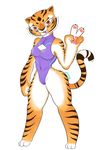  2018 3_toes 4_fingers anthro black_stripes breasts cleavage clothed clothing digital_media_(artwork) feline female fur hi_res kung_fu_panda looking_at_viewer mammal master_tigress minoss navel one-piece_swimsuit orange_fur pose red_eyes solo standing stripes stripped_fur swimsuit tiger toes tongue tongue_out v_sign 