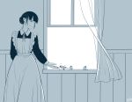  apron bird blue dress hair_bun maid original victorian_maid window yoekosukii 