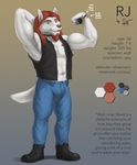  2017 abs anthro beard biceps biped black_clothing black_nose black_topwear blue_bottomwear blue_clothing blue_eyes blue_pants brown_nose canine clothed clothing color_swatch digital_media_(artwork) ear_piercing english_text eyebrows facial_hair flexing fluffy fluffy_tail footwear front_view fully_clothed fur goatee gradient_background grey_clothing grey_footwear grey_shoes hair hand_behind_head hi_res jeans long_hair looking_at_viewer male mammal model_sheet muscular muscular_male open_vest orange_eyebrows orange_hair pants pecs piercing pose rj_(rjtremor) rov shoes signature simple_background snout solo standing text vest white_fur white_tail wolf wristband 