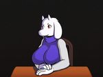  2018 4_fingers animated anthro big_breasts breasts caprine chelodoy digital_media_(artwork) eyes_closed female fur goat horn looking_at_viewer mammal mature_female mother parent red_eyes sitting solo toriel turtleneck undertale video_games white_fur 