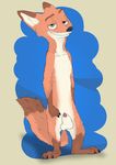  animal_genitalia animal_penis anthro balls barefoot canine canine_penis disney fluffy fluffy_tail fox front_view fur green_eyes half-closed_eyes looking_at_viewer male mammal nick_wilde nude paws penis penis_tip pointing sheath simple_background smile snount standing thatspecialfox zootopia 