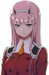  aqua_eyes bad_id bad_pixiv_id blush darling_in_the_franxx eyebrows_visible_through_hair eyeliner green_eyes hairband hori_(hori_no_su) horns long_hair looking_at_viewer makeup military military_uniform pink_hair simple_background smile solo uniform upper_body white_background zero_two_(darling_in_the_franxx) 