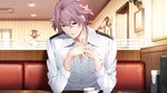  all_male drink front_wing game_cg grisaia:_phantom_trigger male military purple_hair red_eyes short_hair ukawa_chihiro uniform watanabe_akio 