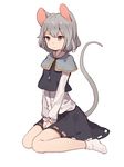  &gt;:( animal_ears blush capelet grey_hair highres jewelry long_sleeves mouse_ears mouse_tail nazrin pendant red_eyes shone short_hair simple_background sitting sketch socks solo tail touhou v-shaped_eyebrows v_arms wariza white_background white_legwear 