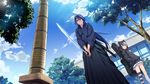  aoi_haruto blue_hair clouds front_wing game_cg gray_hair grisaia:_phantom_trigger hoodie japanese_clothes katana long_hair male shishigaya_touka sky sword thighhighs tree watanabe_akio weapon 