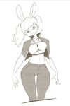  2018 5_fingers anthro breasts clothing digital_media_(artwork) female hair head_tilt hi_res jacket jeans lagomorph looking_at_viewer mammal midriff minoss monochrome navel pants pose rabbit short_hair simple_background smile solo thigh_gap white_background wide_hips 