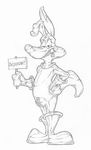  ! 2016 agent_(artist) anthro boots bulge canine clothing coyote english_text footwear gimp gloves greyscale looking_at_viewer looney_tunes male mammal monochrome rubber shiny sign simple_background smile solo text traditional_media_(artwork) warner_brothers white_background wile_e._coyote zipper zipper_mouth 
