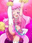  ;d arm_up armpits ass_visible_through_thighs back_bow blush bow breasts cameltoe cheerleader cure_yell double_bun earrings floral_background flower forehead four-leaf_clover_earrings gem gradient gradient_background hair_flower hair_ornament heart heart_hair_ornament highres holding hugtto!_precure jewelry konboi-eg leg_up looking_at_viewer midriff navel nono_hana one_eye_closed open_mouth panties pink_background pink_eyes pink_footwear pink_hair pink_panties pink_skirt pleated_skirt pom_poms precure see-through shiny shiny_skin short_sleeves skirt small_breasts smile solo split standing standing_on_one_leg standing_split thighhighs underwear upskirt white_flower white_legwear 
