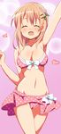  9law :d ^_^ arm_up bikini blush breasts closed_eyes gochuumon_wa_usagi_desu_ka? hair_ornament hairclip heart highres hoto_cocoa medium_breasts navel open_mouth orange_hair pink_background pink_bikini polka_dot polka_dot_bikini short_hair smile solo swimsuit 