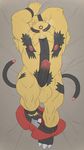  anthro armpit_hair balls clothed clothing electivire erection humanoid_penis kazushi looking_at_viewer lying male nintendo nipples on_back overweight pants_down partially_clothed penis pok&eacute;mon pok&eacute;mon_(species) solo video_games 