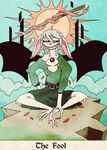  2018 anthro bat card clothed clothing digital_media_(artwork) fortune_telling hair hi_res mammal mask shane_frost simple_background sitting smile solo sun tarot tarot_card teeth white_hair 