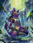  animal_ears closed_eyes commentary commission english_commentary gen_4_pokemon highres lucario meditation not_shiny_pokemon pokemon pokemon_(creature) purple sa-dui solo tail water waterfall 