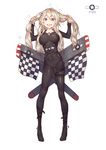 :d ahoge arms_up bangs black_bodysuit blonde_hair blue_eyes blush bodysuit breasts buckle bunching_hair checkered checkered_flag collarbone covered_navel eyebrows_visible_through_hair flag full_body hair_ornament hairpin highres large_breasts legs_apart long_hair looking_at_viewer mechanical_wings open_mouth oppai_loli original shiny shiny_clothes sidelocks simple_background skin_tight skindentation smile solo standing sweat twintails white_background wings yong_mei-uta 
