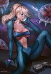  1girl aroma_sensei blonde_hair blue_bodysuit bodysuit bra cellphone high_ponytail highres metroid metroid_(creature) nintendo phone pixiv_manga_sample samus_aran skin_tight smartphone zero_suit 